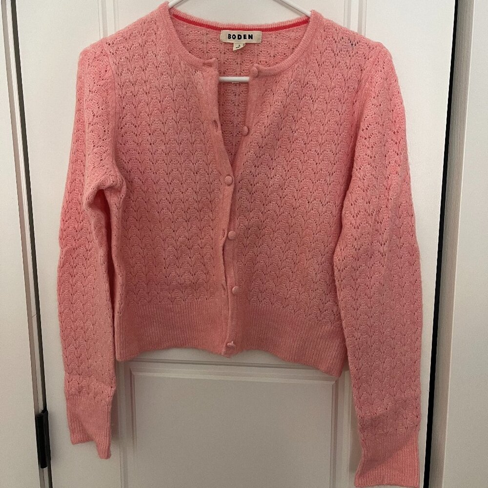Boden Pink Wool Eyelet Knit Cardigan Sweater | Size Small | EUC